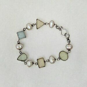 Jessica Lee Sterling Silver 925 Sea Glass Freshwater Pearl Link Bracelet 7.5"